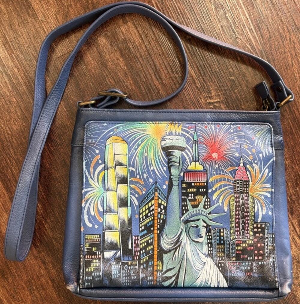 Anuschka Hand-Painted New York Leather Crossbody Bag Statue of Liberty